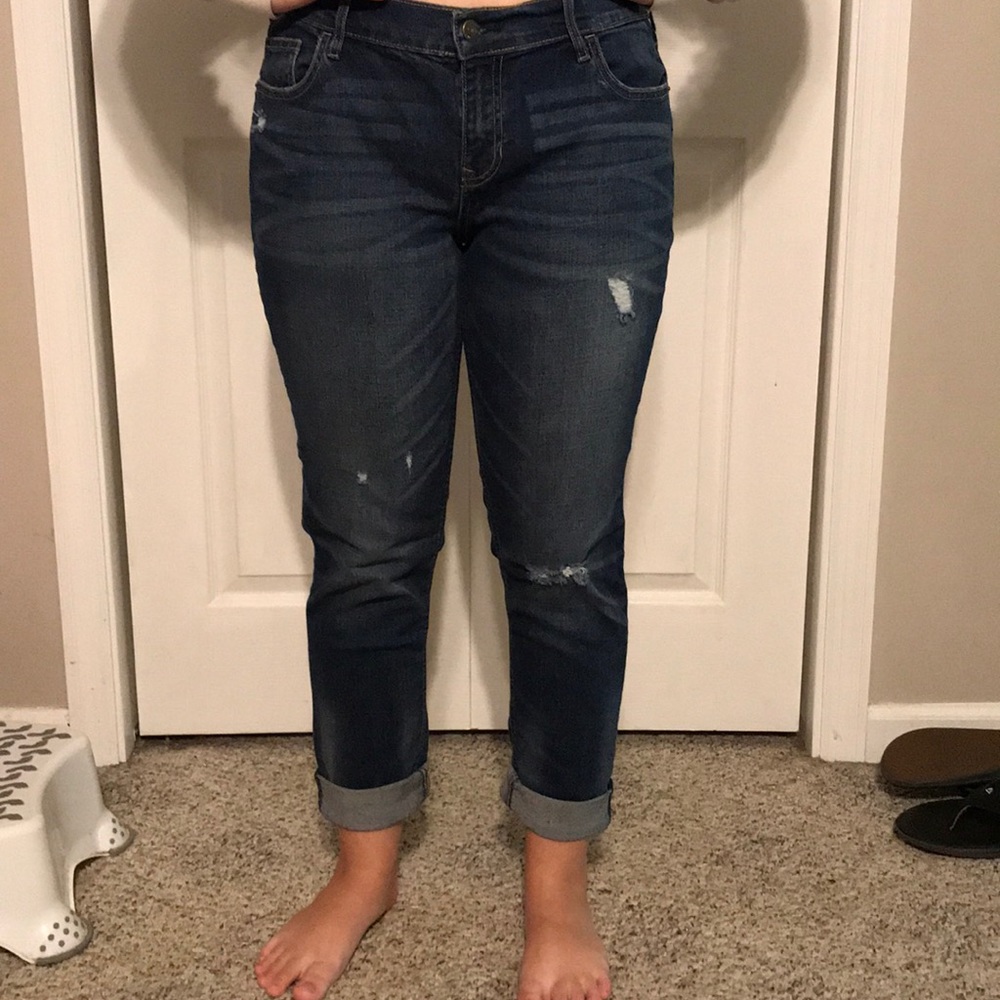Old Navy Boyfriend jeans, dark wash, distressed